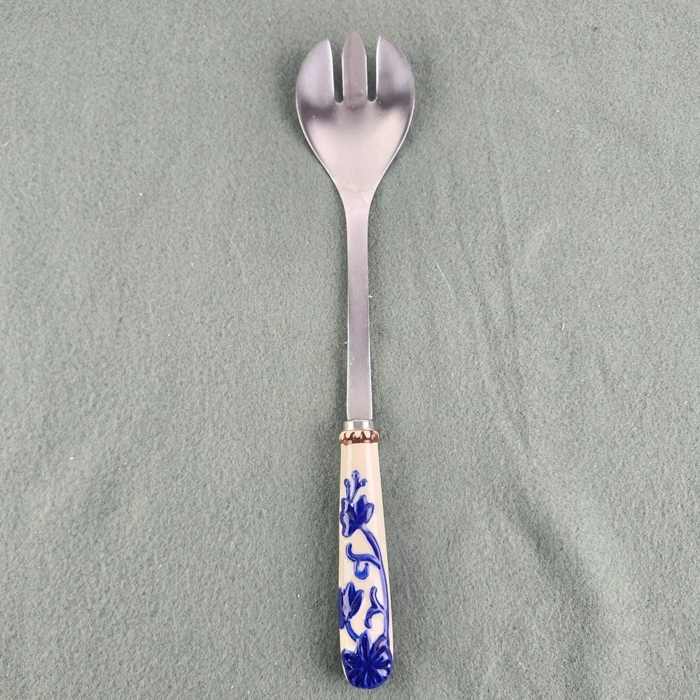Temptations Old World Stainless Steel Salad‎ Serving Fork Floral Lace Blue